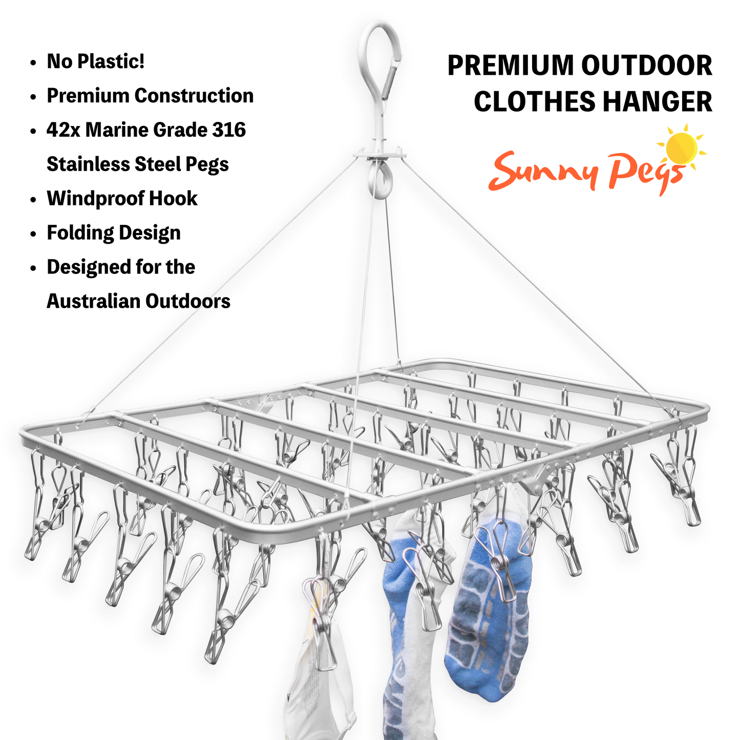 Premium Folding Aluminium Clothes Airer with 42x Marine Grade Stainless Steel Pegs