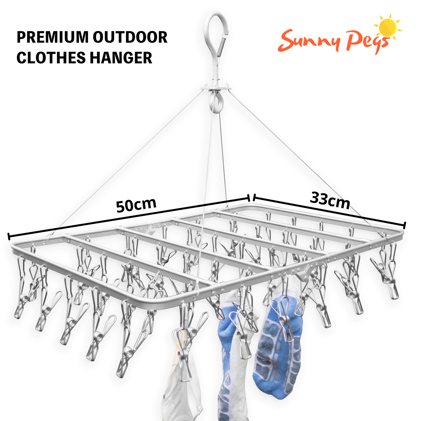Premium Folding Aluminium Clothes Airer with 42x Marine Grade Stainless Steel Pegs